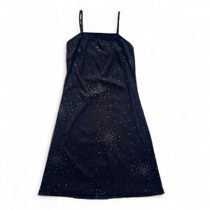Y2K xoxo Black Spaghetti Strap Mini Slip Holiday Party Dress Sparkle Detail - S